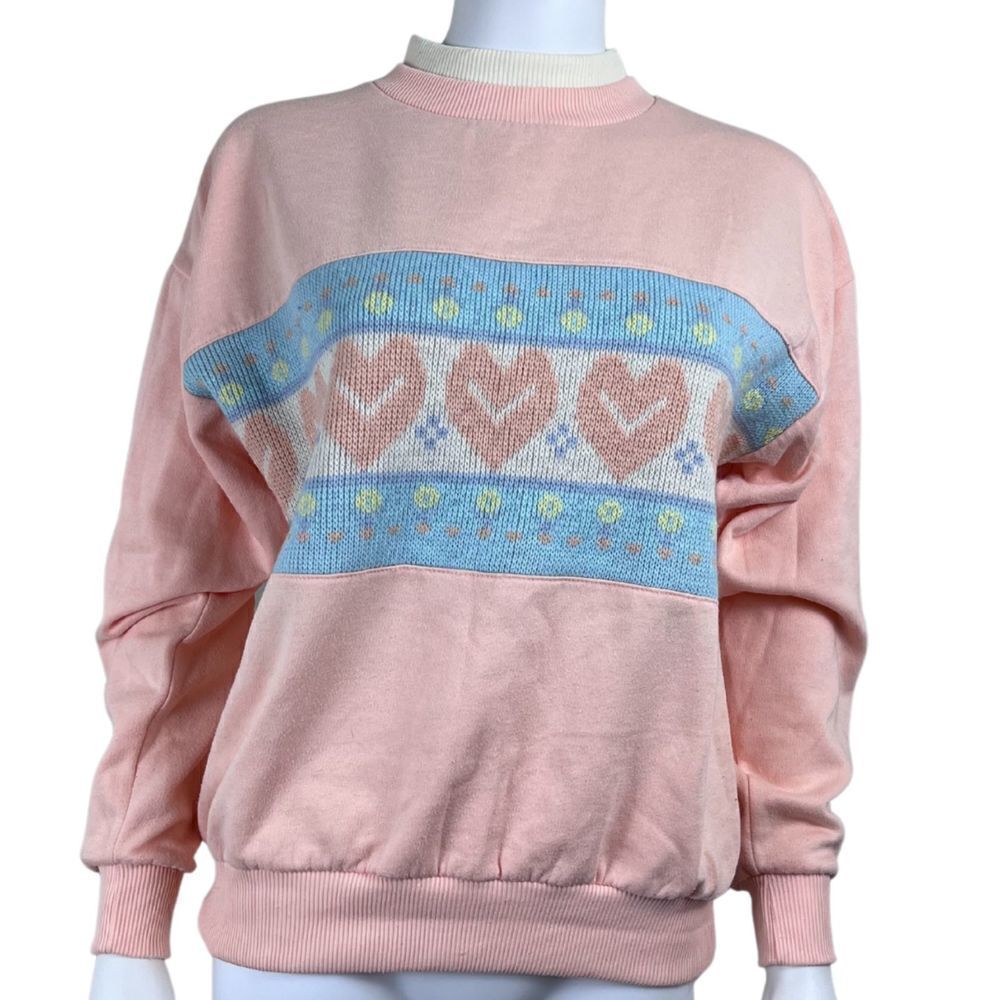 Vintage Women Size M Pink Turtleneck Cottagecore Knit Novelty Pullover Sweater